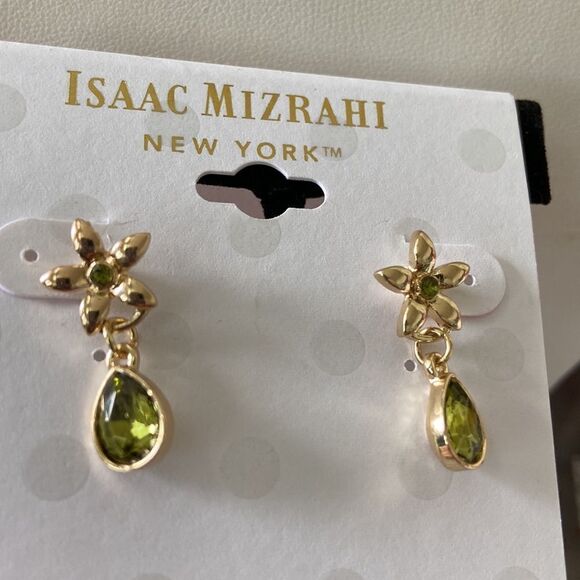 Isaac Mizrahi NWT earrings flower design with a green crystal drop - Picture 5 of 5
